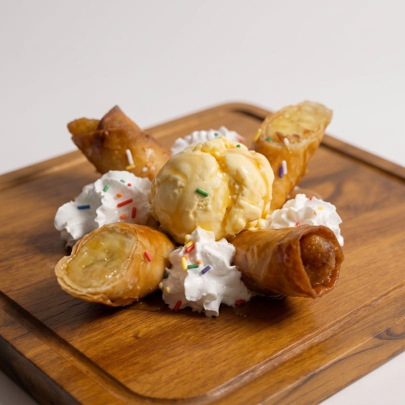 Banana spring rolls with vanilla ice cream, whipped cream, and sprinkles on a wooden board.