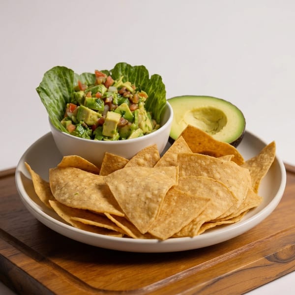 Guacamole with pico de gallo in a lettuce cup, tortilla chips, and a halved avocado.