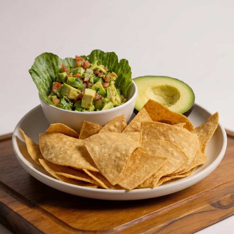 Guacamole with pico de gallo in a lettuce cup, tortilla chips, and a halved avocado.