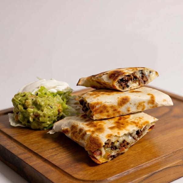 Three quesadilla halves with melted cheese and meat, served with guacamole and sour cream on a wooden board.