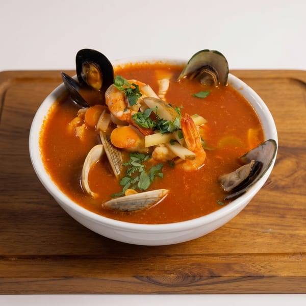A white bowl of vibrant red seafood soup with mussels, shrimp, and clams on a wooden board.